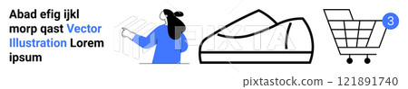 Woman pointing at text, a shoe, and a shopping cart with a notification. Ideal for e-commerce, online shopping, digital marketing, retail business, and product promotion. Banner for landing page 121891740