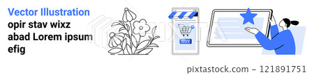 Stylized flowers, shopping cart symbol on a store sign, and a person interacting with a star rating on a tablet. Ideal for ecommerce, customer reviews, online shopping, product rating, digital 121891751