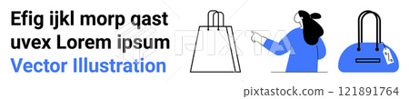 Minimalistic design with a shopping bag outline, a person pointing, and a handbag. Ideal for e-commerce, online shopping, marketing, customer service, and digital retail platforms. Banner for landing 121891764