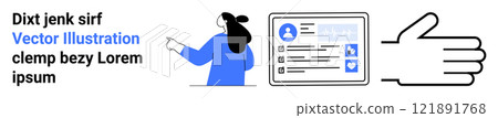 Businesswoman pointing at a digital profile with thumbs up beside text. Ideal for business applications, professional networking, digital profiles, acknowledgement, and social media engagement 121891768