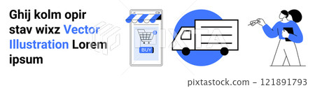 Online shopping concept showing a smartphone with shopping cart, delivery truck, and customer interaction. Ideal for e-commerce, delivery services, retail, logistics, and customer support. Banner 121891793