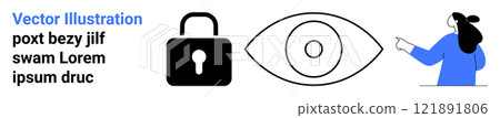Lock symbol represents security, the eye signifies surveillance, and a person pointing highlights user attention. Ideal for cybersecurity, privacy, surveillance, technology, and online safety. Banner Lock symbol represents security, the eye signifies surveillance, and a person pointing highlights user attention. Ideal for cybersecurity, privacy, surveillance, technology, and online safety. Banner 121891806
