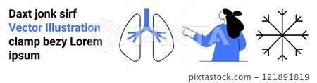 Two lungs, a snowflake, and a person pointing Ideal for medical, respiratory health, winter season, education, and illustration design. Banner for landing page 121891819