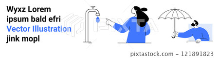 Minimalist scene with a woman turning off a dripping tap and a man holding an umbrella. Ideal for environmental awareness, water conservation, weather safety, minimalist art, education. Banner 121891823
