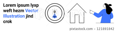 A woman pointing at a house with a surveillance camera icon and dummy text to the left. Ideal for home security, technology, smart home, surveillance, and safety. Banner for landing page A woman pointing at a house with a surveillance camera icon and dummy text to the left. Ideal for home security, technology, smart home, surveillance, and safety. Banner for landing page 121891842