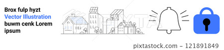 Urban skyline with buildings, a notification bell, and a security lock. Ideal for business alerts, technological advancements, smart city development, security systems, and online privacy. Banner 121891849