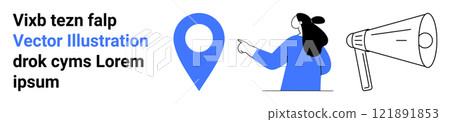 Blue location pin next to a person pointing to a large megaphone. Ideal for navigation, communication, announcements, marketing, and customer engagement. Banner for landing page Blue location pin next to a person pointing to a large megaphone. Ideal for navigation, communication, announcements, marketing, and customer engagement. Banner for landing page 121891853