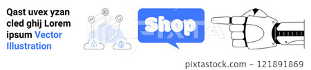 Digital icons and text promoting an online shopping platform with a focus on digital cloud services and artificial intelligence. Ideal for e-commerce, online shopping, technology, digital services 121891869