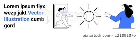Woman pointing at a bright sun symbol in the middle, accompanied by a figure emerging from a smartphone screen. Ideal for technology, digital interaction, modern lifestyle, communication Woman pointing at a bright sun symbol in the middle, accompanied by a figure emerging from a smartphone screen. Ideal for technology, digital interaction, modern lifestyle, communication 121891870