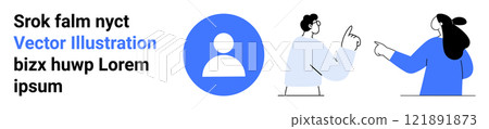 Scene with two abstract figures engaged in discussion and a profile icon. Ideal for business meetings, teamwork, collaboration, online profiles, and communication themes. Banner for landing page Scene with two abstract figures engaged in discussion and a profile icon. Ideal for business meetings, teamwork, collaboration, online profiles, and communication themes. Banner for landing page 121891873