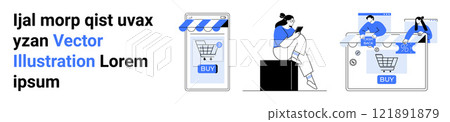 Online shopping with a mobile device and desktop computer. Ideal for e-commerce, web design, online shopping, technology, and digital marketing. Banner for landing page Online shopping with a mobile device and desktop computer. Ideal for e-commerce, web design, online shopping, technology, and digital marketing. Banner for landing page 121891879