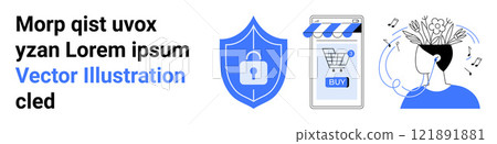Lock icon, shopping cart in a mobile device, and a person enjoying music with floating notes Ideal for online security, ecommerce, music streaming, digital well-being, and technology apps Banner Lock icon, shopping cart in a mobile device, and a person enjoying music with floating notes Ideal for online security, ecommerce, music streaming, digital well-being, and technology apps Banner 121891881