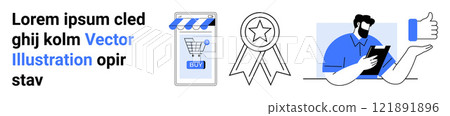 Depicts a mobile shopping app interface with a shopping cart and Euro symbol, a medal or award, a man reading reviews on a tablet, and a thumbs-up icon. Ideal for e-commerce, customer feedback Depicts a mobile shopping app interface with a shopping cart and Euro symbol, a medal or award, a man reading reviews on a tablet, and a thumbs-up icon. Ideal for e-commerce, customer feedback 121891896