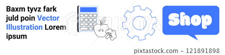 Set of four elements including a calculator, apple, gear, and a shop symbol in a speech bubble with placeholder text. Ideal for ecommerce, education, technology, business, and online shopping. Banner 121891898
