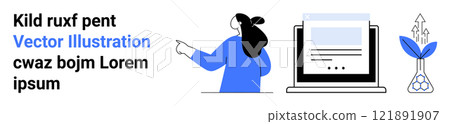 Woman pointing at text in blue attire, laptop displaying a document, and a growing plant. Ideal for business presentations, educational materials, technology, growth concepts, website design. Banner 121891907