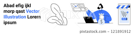 Man holding money bag while working on a laptop analytics board shopping cart icon and plant Ideal for e-commerce financial growth business success digital marketing and online shopping. Banner Man holding money bag while working on a laptop analytics board shopping cart icon and plant Ideal for e-commerce financial growth business success digital marketing and online shopping. Banner 121891912