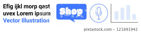 Shop symbol with microphone and bar graph icons suggests online shopping, e-commerce, digital marketing, web design, and audio content. Text with Lorem Ipsum. Banner for landing page 121891942