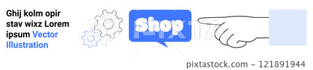 Shop text inside a blue speech bubble with gear icons and a pointing hand. Ideal for shopping websites, online stores, e-commerce platforms, digital marketing, and web design. Banner for landing page 121891944