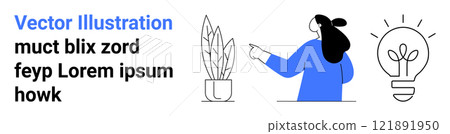 Woman with ponytail pointing at a potted plant and light bulb vector. Ideal for creativity, innovation, ideas, teamwork, workspaces. Banner for landing page 121891950