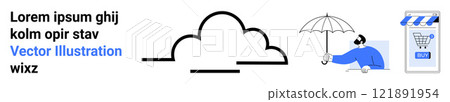 Central cloud icon with text on left, person with an umbrella on right, e-commerce storefront icon on the far right. Ideal for cloud services, online shopping, digital security, technology, and web 121891954