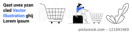 Woman sitting using phone next to shopping cart. Ideal for online shopping, e-commerce, digital marketing, mobile apps, consumer behavior. Banner for landing page 121891969