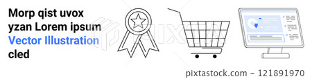 Award badge, shopping cart, and computer screen with location pin. Ideal for e-commerce website, online shopping, customer service, product recognition, digital marketing. Banner for landing page 121891970
