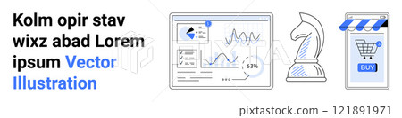 Business analytics interface, a chess knight, and a mobile shopping app. Ideal for business analysis, data visualization, strategic planning, online shopping, e-commerce. Banner for landing page 121891971