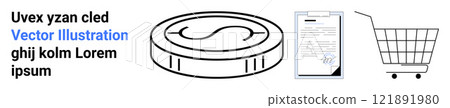 Coin, document, and shopping cart on white background. Ideal for finance, online shopping, e-commerce, transactions, and financial documents. Banner for landing page 121891980
