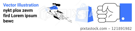 Person riding a rocket symbolizes fast delivery. Shopping bag implies e-commerce. Hand gesture might imply services. Ideal for online shopping, delivery services, fast shipping, e-commerce platforms Person riding a rocket symbolizes fast delivery. Shopping bag implies e-commerce. Hand gesture might imply services. Ideal for online shopping, delivery services, fast shipping, e-commerce platforms 121891982
