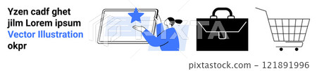 Person interacting with a tablet, a black briefcase, and a shopping cart. Ideal for business, technology, shopping, digital interaction, and e-commerce. Banner for landing page 121891996
