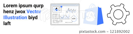 E-commerce metrics dashboard, shopping bag, and gear icon. Ideal for digital marketing, online business strategies, data analysis, e-commerce management, and tech solutions. Landing page E-commerce metrics dashboard, shopping bag, and gear icon. Ideal for digital marketing, online business strategies, data analysis, e-commerce management, and tech solutions. Landing page 121892002