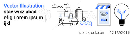 Factory chimneys with smoke, online shopping cart with a Buy button, and a bulb with a tree inside. Ideal for industry, e-commerce, innovation, technology, and environment. Banner for landing page 121892016