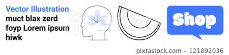 Head with a leaf symbol, a piece of watermelon, and a speech bubble with the word Shop. Ideal for wellness, nutrition, mental health, e-commerce, and digital communication. Banner for landing page 121892036