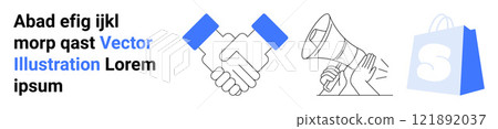 Handshake, megaphone, and shopping bag. Ideal for business partnerships, marketing campaigns, advertising strategies, online shopping, and corporate collaborations. Landing page 121892037
