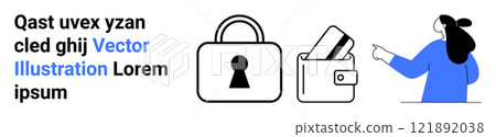 A lock and a wallet with credit cards and a person pointing. Ideal for online security, payment methods, e-commerce, digital wallets, financial security. Banner for landing page 121892038