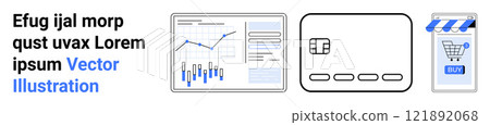 Set of icons showing a market analysis graph, a credit card, and an online shopping cart. Ideal for finance, e-commerce, data analysis, digital transactions, and business growth. Banner for landing Set of icons showing a market analysis graph, a credit card, and an online shopping cart. Ideal for finance, e-commerce, data analysis, digital transactions, and business growth. Banner for landing 121892068