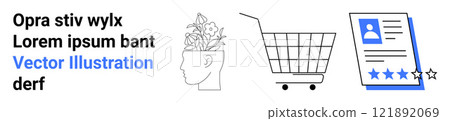 A side profile with plants growing from the head, a shopping cart, and a rating review with text. Ideal for e-commerce, digital marketing, product reviews, mental growth, and online shopping. Banner A side profile with plants growing from the head, a shopping cart, and a rating review with text. Ideal for e-commerce, digital marketing, product reviews, mental growth, and online shopping. Banner 121892069