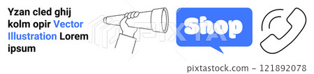 A hand holding a telescope looking at a blue speech bubble with the word shop and a phone receiver. Ideal for marketing, online shopping, customer service, web banners, and e-commerce. Banner 121892078