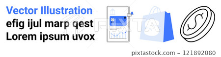 Features a smartphone with analytics, a shopping bag, and a coin. Ideal for e-commerce, mobile apps, online business, shopping technology and digital marketing. Landing page 121892080