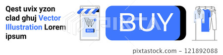 Online shopping button with a store icon and hanging clothes. Ideal for e-commerce, retail, marketing, online sales, digital advertising, shopping websites, and purchase promotions. Banner 121892088