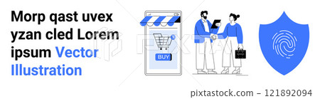 Digital shopping on mobile devices, professional handshake indicating partnership, and fingerprint on shield symbolizing data protection. Ideal for online business, partnerships, cybersecurity 121892094