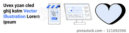 Digital storefront with smartphone shopping, web security on computer screen, and a heart symbol. Ideal for e-commerce, online shopping, web security, digital marketing, and customer trust. Banner 121892098