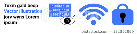Three icons represent digital security themes. One icon has binary code with an eye, another depicts a wireless signal, and the third shows a secure lock. Ideal for cybersecurity, data privacy 121892099