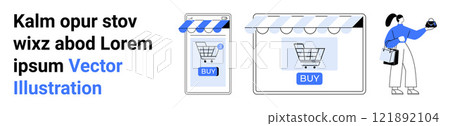 Concept of online shopping featuring a buyer using both mobile and desktop storefront interfaces to make a purchase. Ideal for e-commerce, digital marketing, online retail, mobile apps, web 121892104