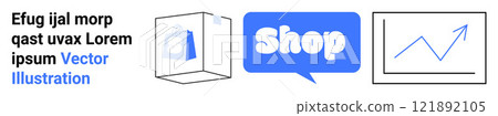 Three parts depict a web interface with text, a blue shop speech bubble, and a rising graph. Ideal for e-commerce web design online business product marketing sales analytics. Banner for landing page 121892105