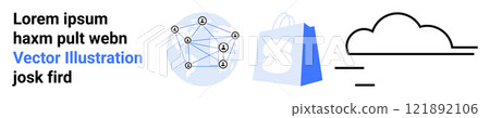 Shopping bag icon represents e-commerce, network diagram signifies networking connections, and cloud icon indicates cloud computing. Ideal for tech websites, e-commerce platforms, business Shopping bag icon represents e-commerce, network diagram signifies networking connections, and cloud icon indicates cloud computing. Ideal for tech websites, e-commerce platforms, business 121892106