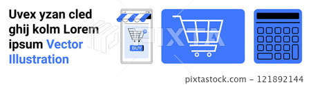 Vector illustration showcasing a shopping cart, a mobile purchase with Buy button, and a calculator. Ideal for online shopping, e-commerce, digital transactions, retail management, and financial 121892144