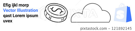 Coin with dollar sign cloud and shopping bag icons in black and blue with Lorem ipsum, text in black and blue font Ideal for online shopping cloud services e-commerce financial transactions 121892145