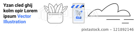 Text beside a plant, smartphone with a shopping cart icon, and a stylized cloud outline. Ideal for e-commerce, digital marketing, online shopping, cloud technology, nature. Banner for landing page 121892146