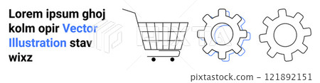 Shopping cart and gears represent e-commerce and automation, Ideal for online shopping, technology integration, business development, digital marketing, and process optimization. Banner for landing 121892151
